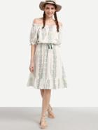 Shein White Off The Shoulder Ruffled Printed Dress