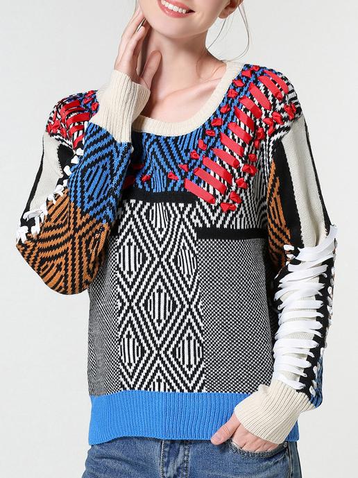 Shein Color Block Crew Neck Houndstooth Sweater