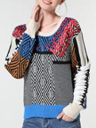 Shein Color Block Crew Neck Houndstooth Sweater