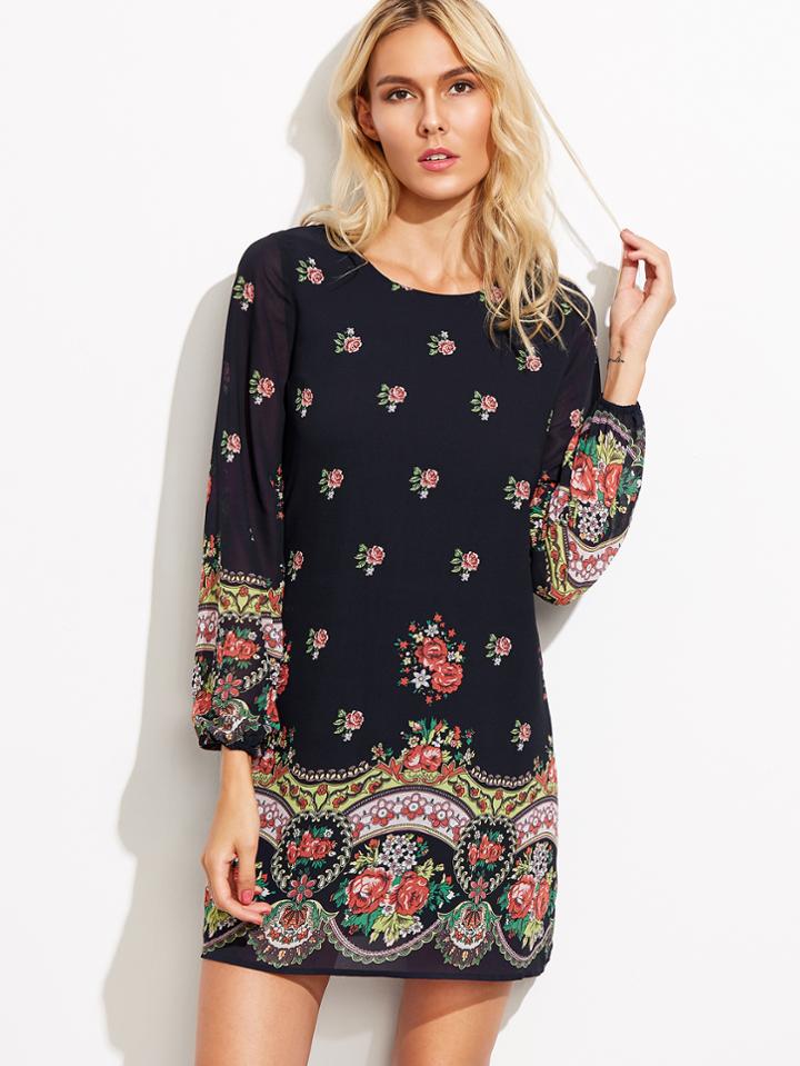 Shein Black Rose Print Lantern Sleeve Dress