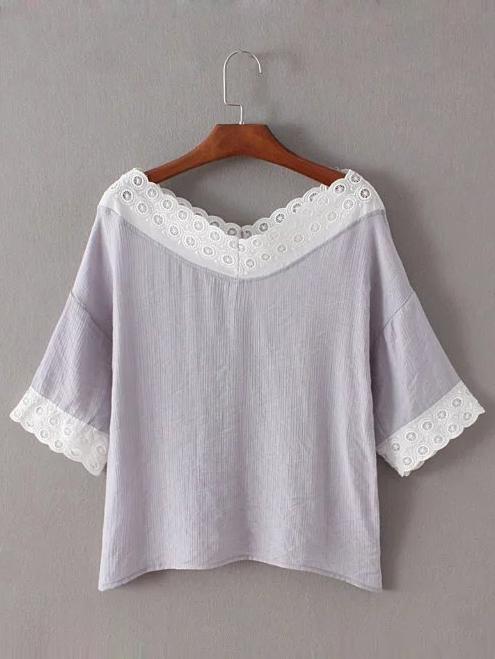 Shein Lavender V Neck Crochet Blouse