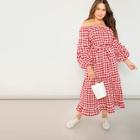 Shein Plus Gathered Sleeve Ruffle Hem Gingham Bardot Dress