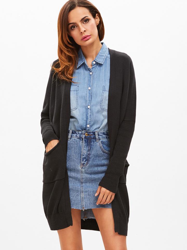 Shein Black Drop Shoulder Cardigan With Pockets