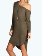 Shein Army Green One-shoulder Long Sleeve Slim Dress