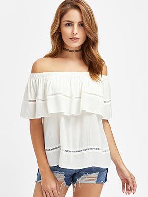 Shein Ladder Lace Insert Crinkle Flounce Bardot Top