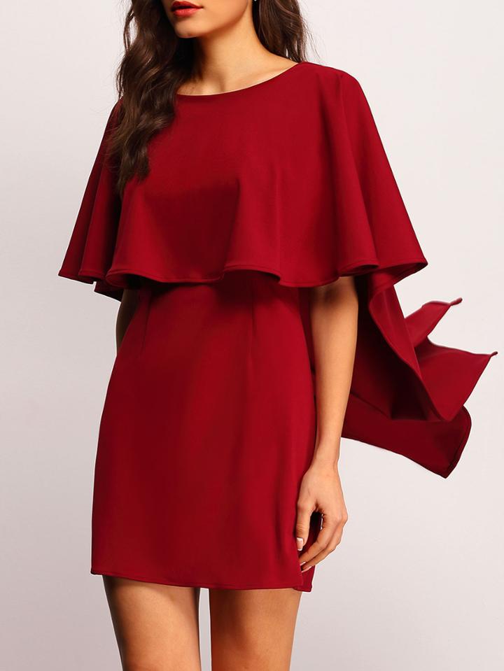 Shein Burgundy Batwing Sleeve Backless Ruffle Dress