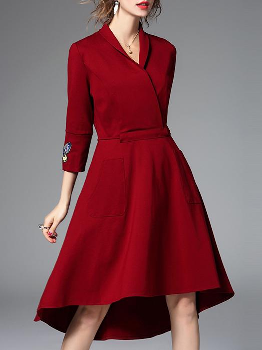 Shein Burgundy V Neck Pockets High Low Dress