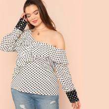 Shein Plus Asymmetrical Neck Ruffle Polka Dot Top