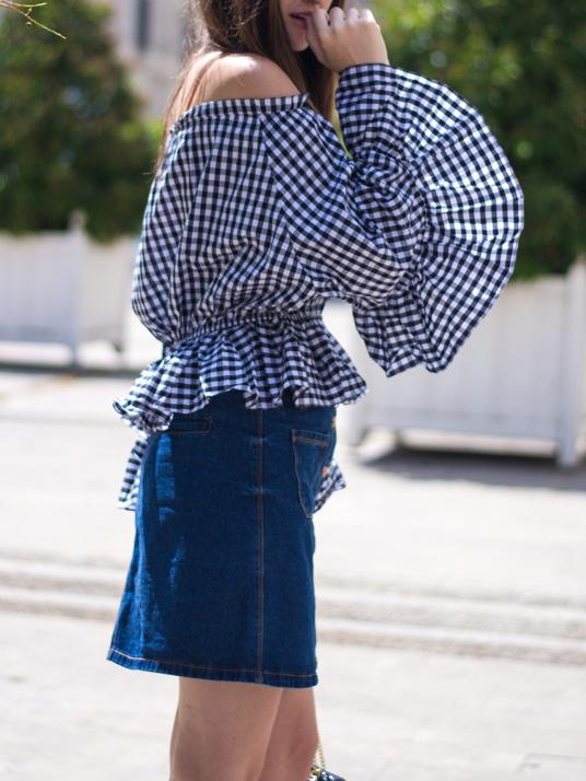 Shein Blue Plaid Ruffle Cuff Off The Shoulder Flounce Blouse