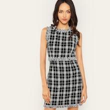 Shein Pearl Beading Frayed Tweed Dress