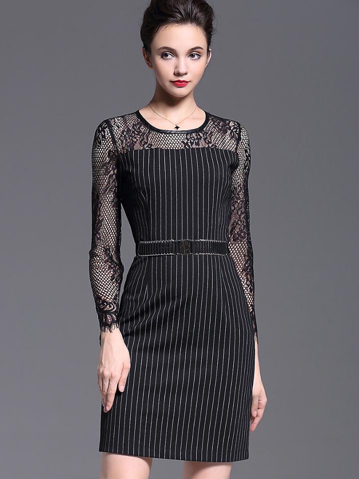 Shein Black Round Neck Long Sleeve Lace Drawstring Dress