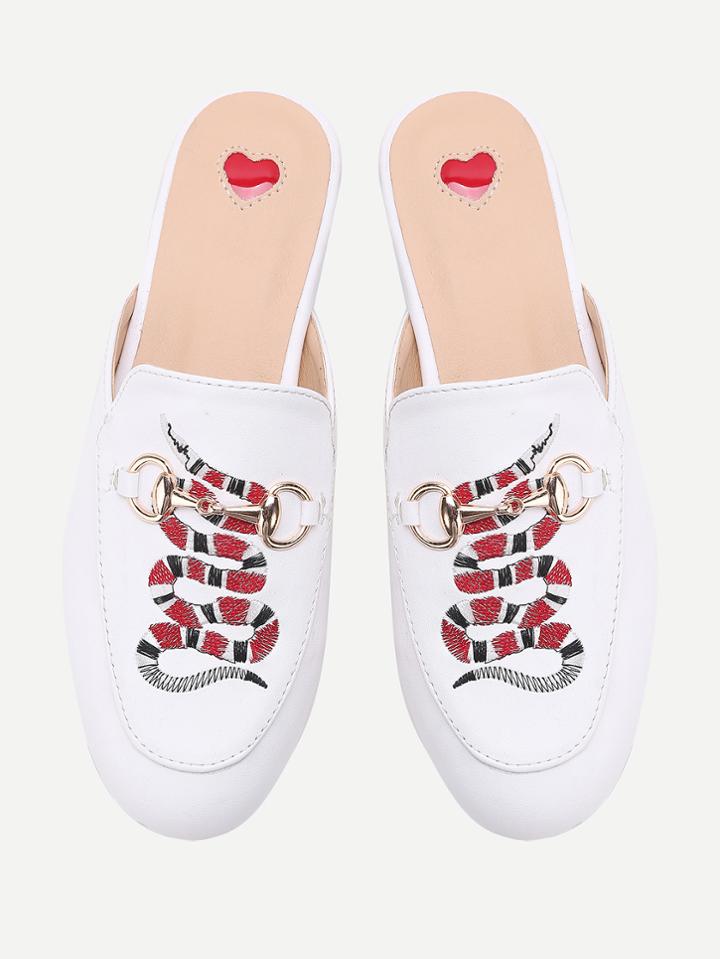 Shein White Snake Embroidery Loafer Mules