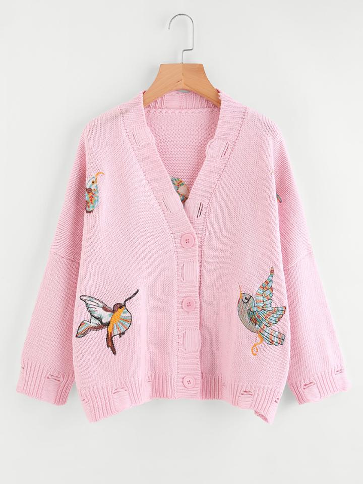 Shein Birds Embroidered Ripped Sweater