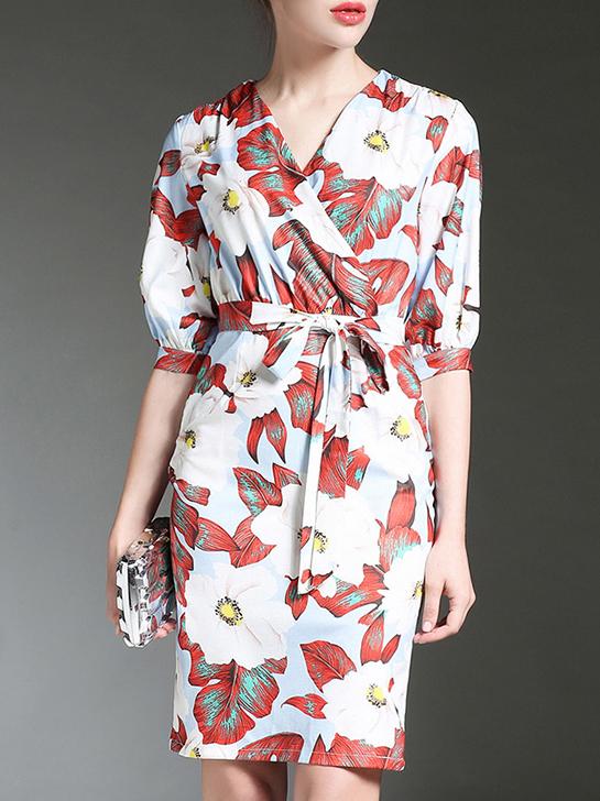 Shein White V Neck Leaves Print Tie-waist Dress