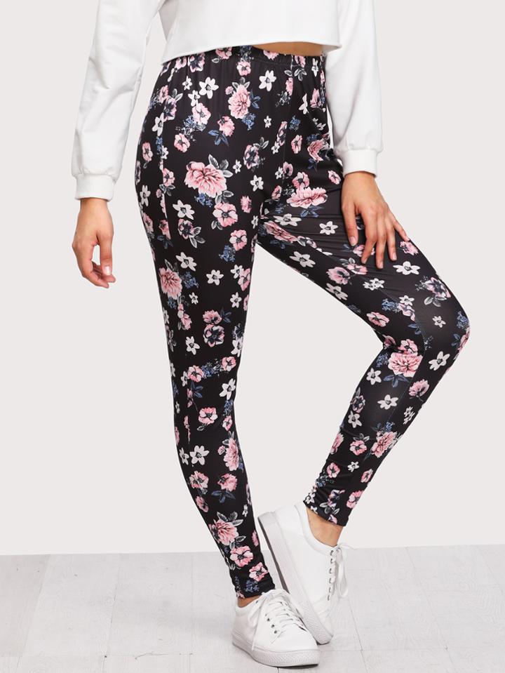 Shein Flower Print Elastic Waist Leggings