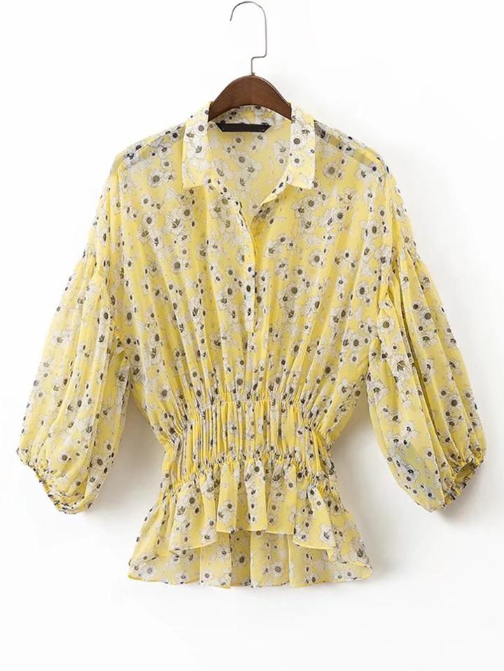 Shein Lantern Sleeve Elastic Waist Chiffon Top