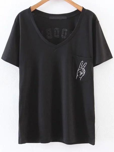 Shein Black Letter Print V Neck T-shirt With Pocket