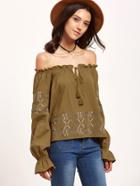 Shein Khaki Tied Off The Shoulder Ruffle Cuff Embroidered Top