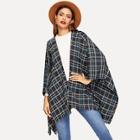 Shein Open Front Raw Hem Plaid Cape Coat