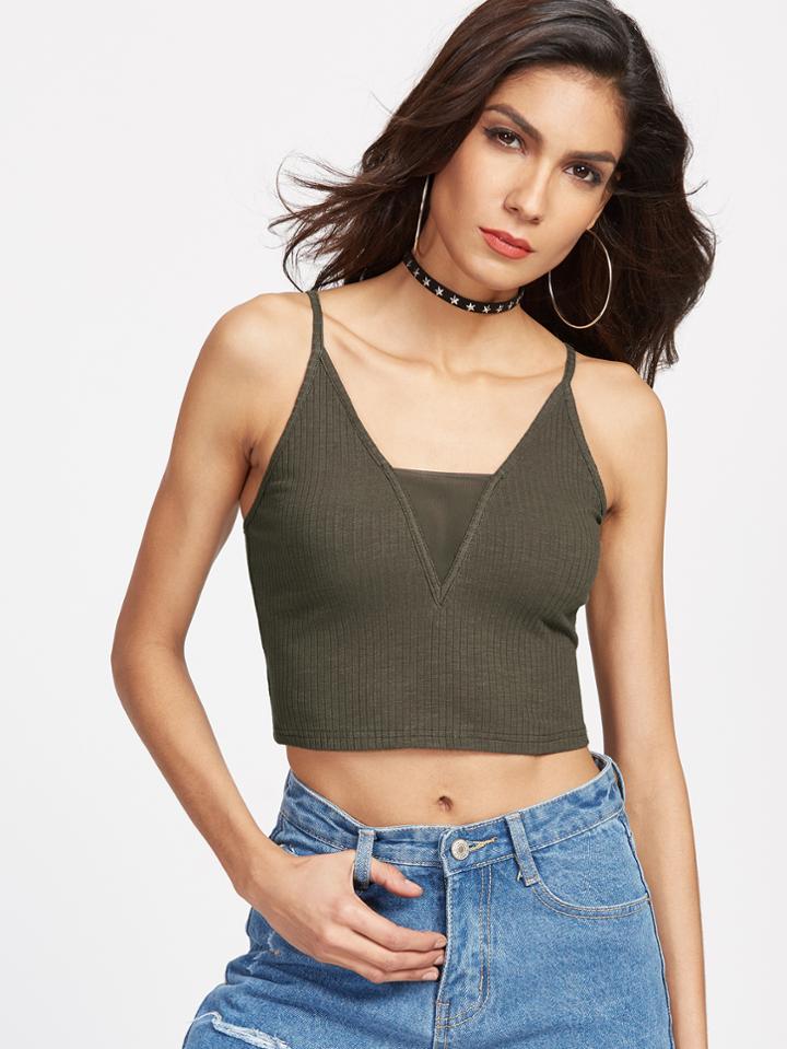 Shein Olive Green Mesh Insert Ribbed Crop Cami Top