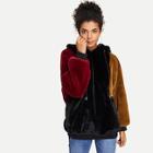 Shein Color Black Hoodie Faux Fur Coat