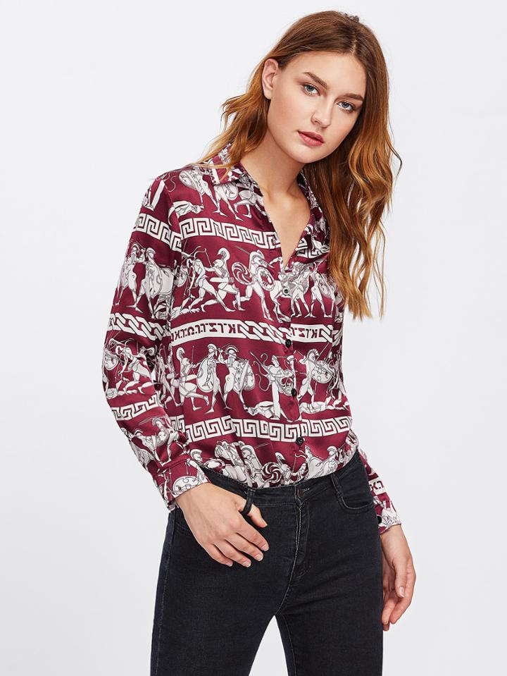 Shein Allover Print Curved Hem Shirt