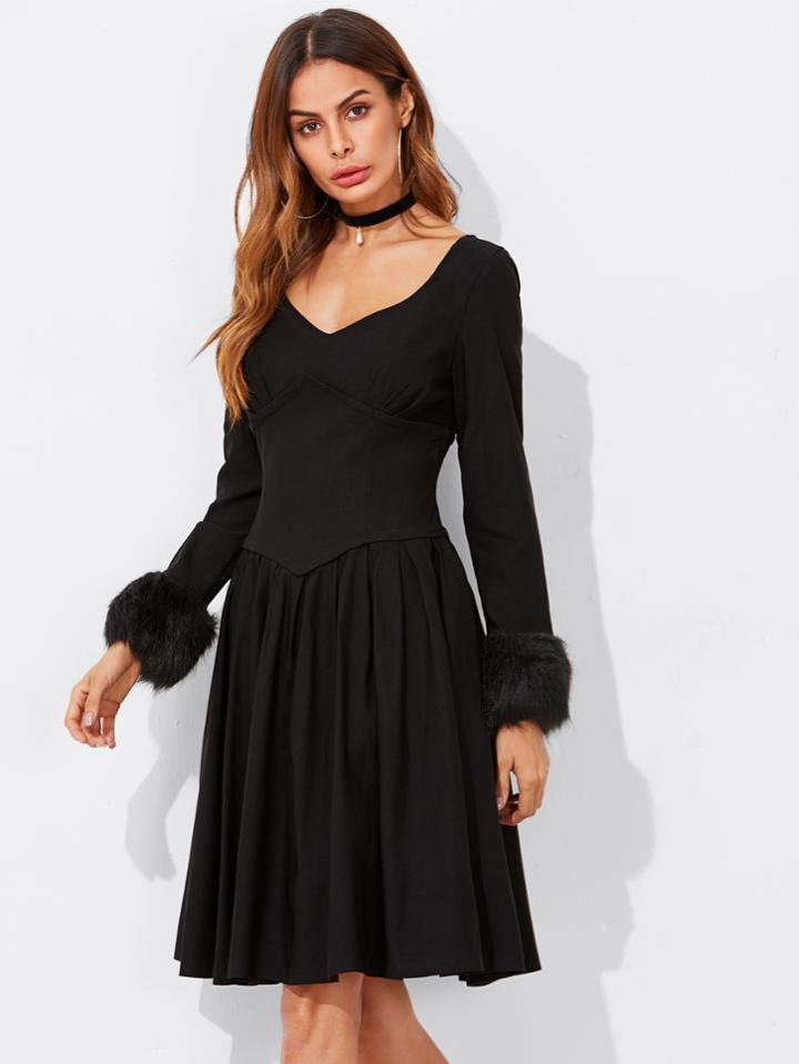 Shein Faux Fur Trim Sleeve Corset Waist Dress