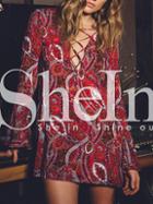 Shein Red Long Sleeve Lace Up Vintage Print Dress