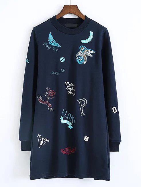 Shein Navy Cartoon Embroidered Sweatshirt Dress