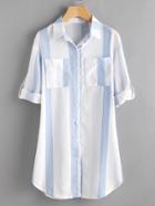 Shein Contrast Striped Roll Tab Sleeve Shirt Dress