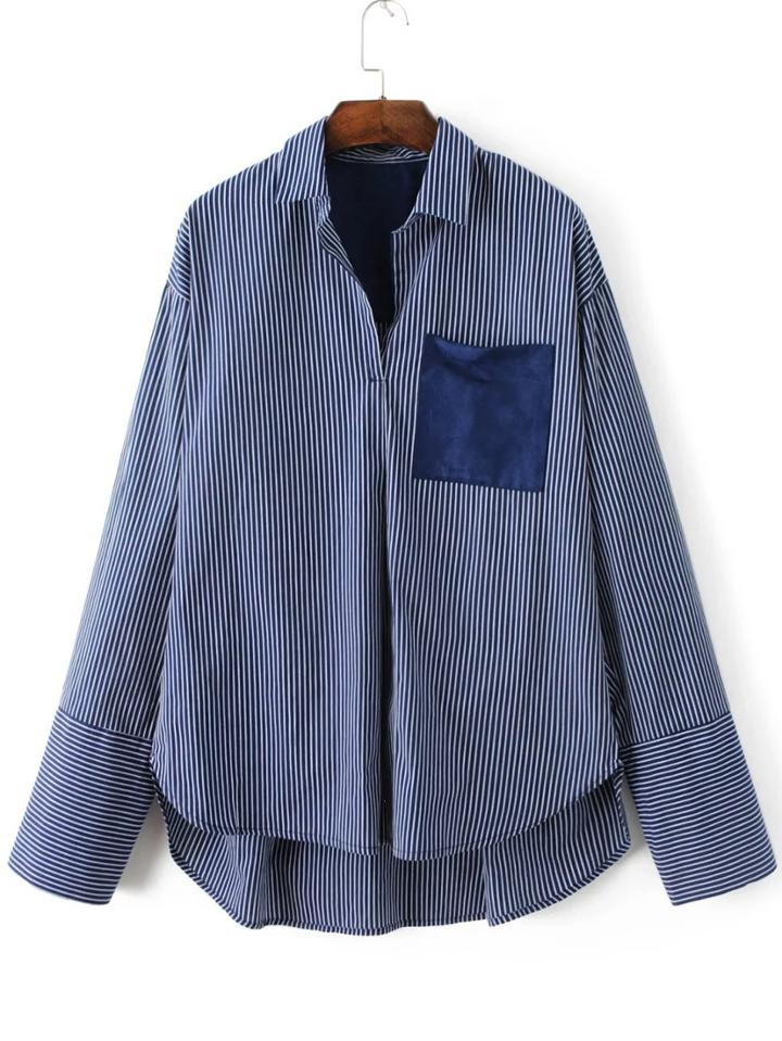 Shein Blue Vertical Striped Dip Hem Blouse With Pocket