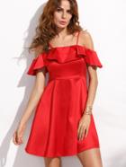 Shein Red Cold Shoulder Fold Over Ruffle A Line Dress