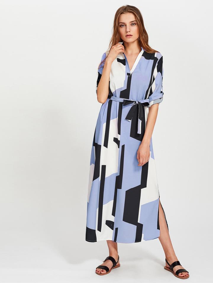 Shein Abstract Geo Print Self Tie Shirt Dress