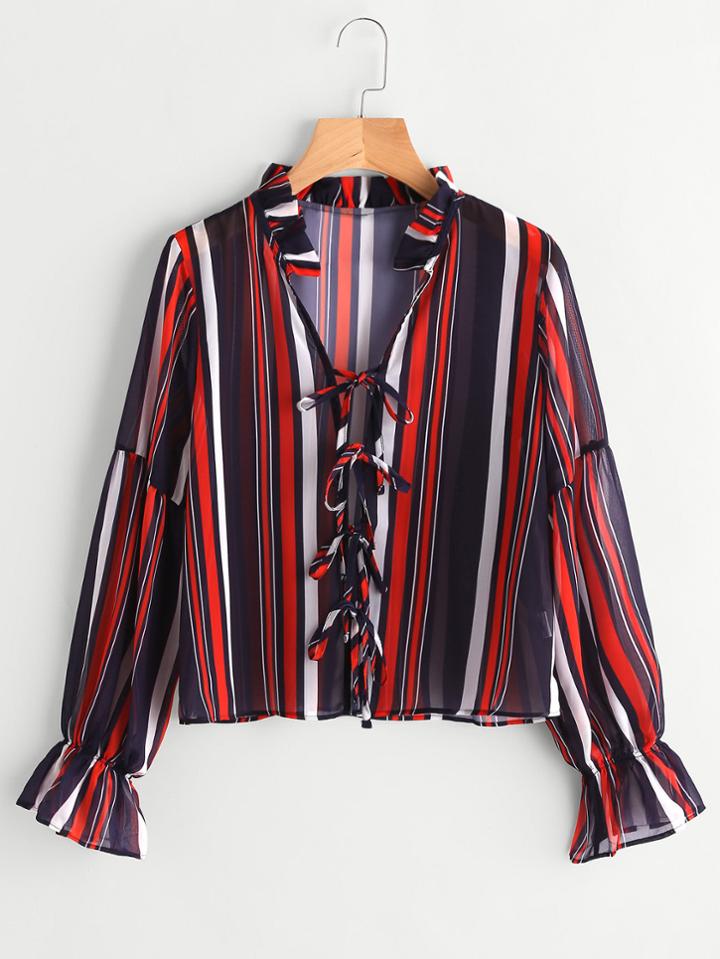 Shein Frill Collar Tie Detail Striped Chiffon Blouse