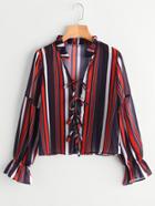 Shein Frill Collar Tie Detail Striped Chiffon Blouse