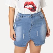 Shein Plus Split Front Ripped Denim Skirt