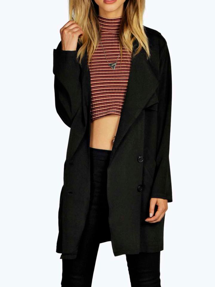 Shein Black Lapel Buttons Belt Long Coat