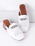 Shein White Fringe Detail Chunky Heeled Slip On Shoes