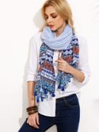 Shein Blue Vintage Print Tassel Trim Scarf