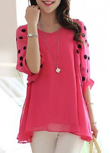 Rosewe Dot Print Half Sleeve Rose Chiffon Blouse