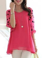 Rosewe Dot Print Half Sleeve Rose Chiffon Blouse