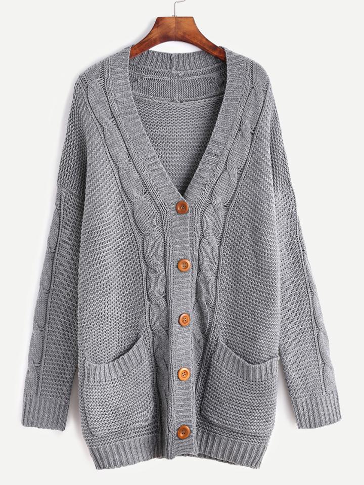 Shein Grey Cable Knit Sweater Coat With Pocket