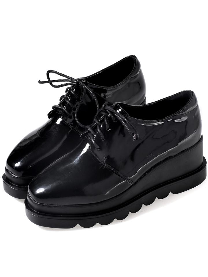 Shein Black Square Toe Thick-soled Lace Up Flats