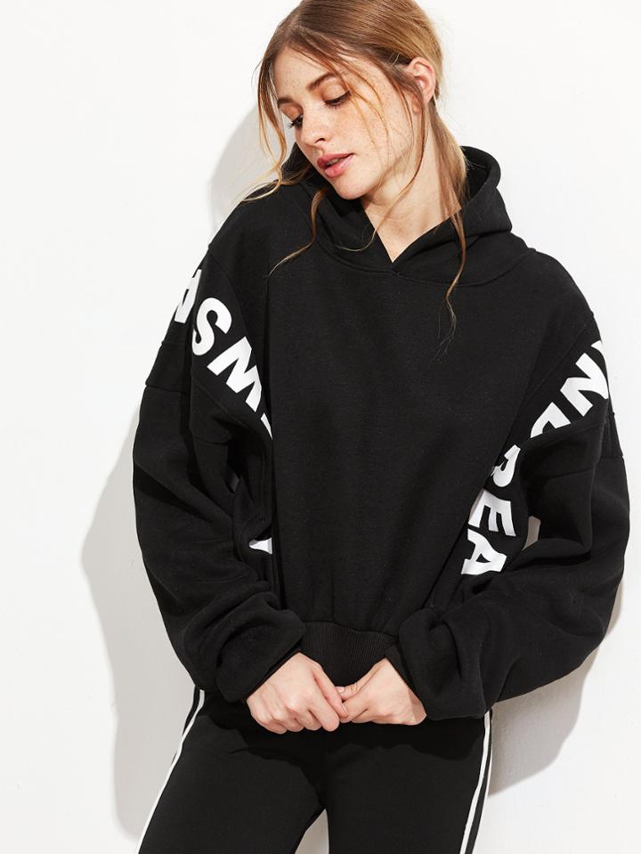 Shein Black Letter Print Batwing Sleeve Hooded Sweatshirt