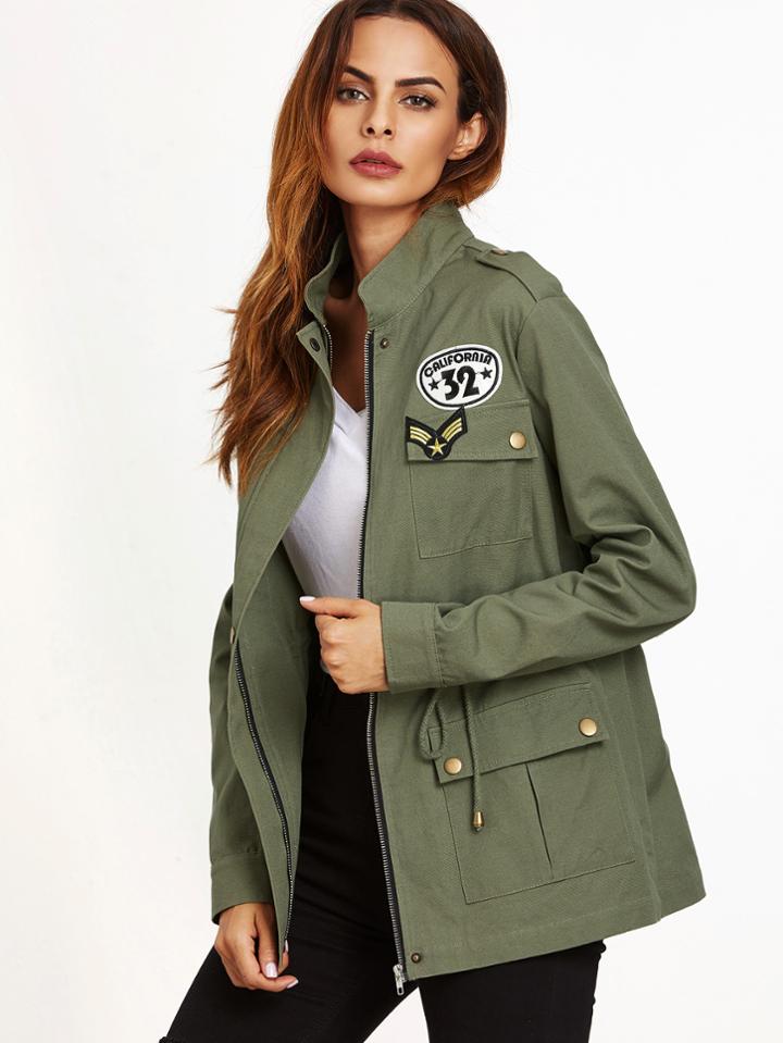 Shein Olive Green Multi Pockets Drawstring Utility Jacket