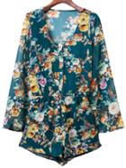 Shein Multicolor Elastic Waist Buttons Front Chiffon Print Romper