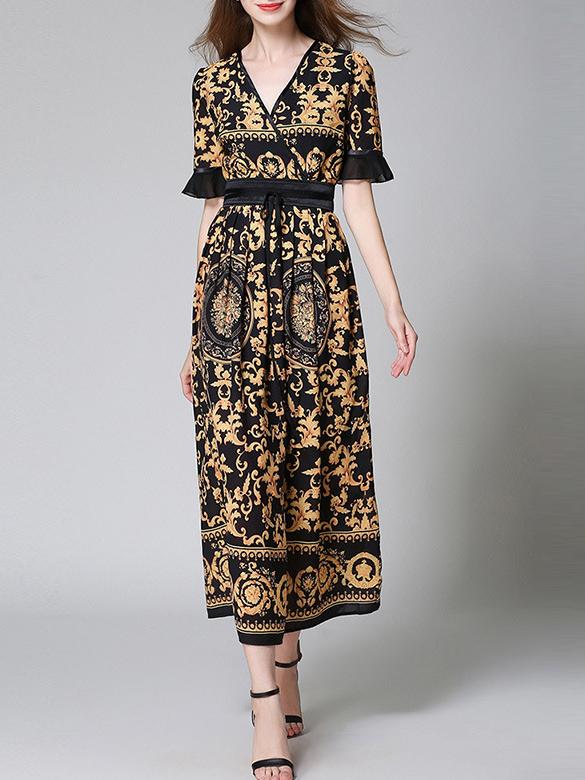 Shein V Neck Bell Sleeve Vintage Print Dress