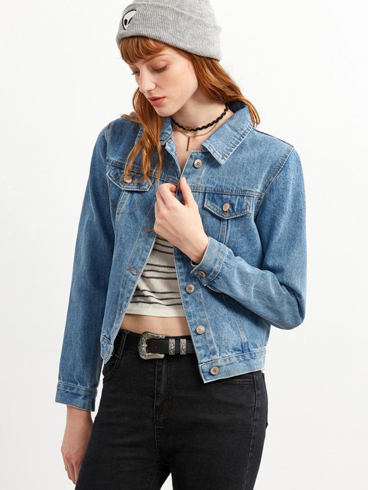 Shein Blue Flower Embroidery Denim Jacket