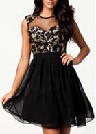 Rosewe Fascinating Mesh Splicing Sleeveless Printed A Line Dress