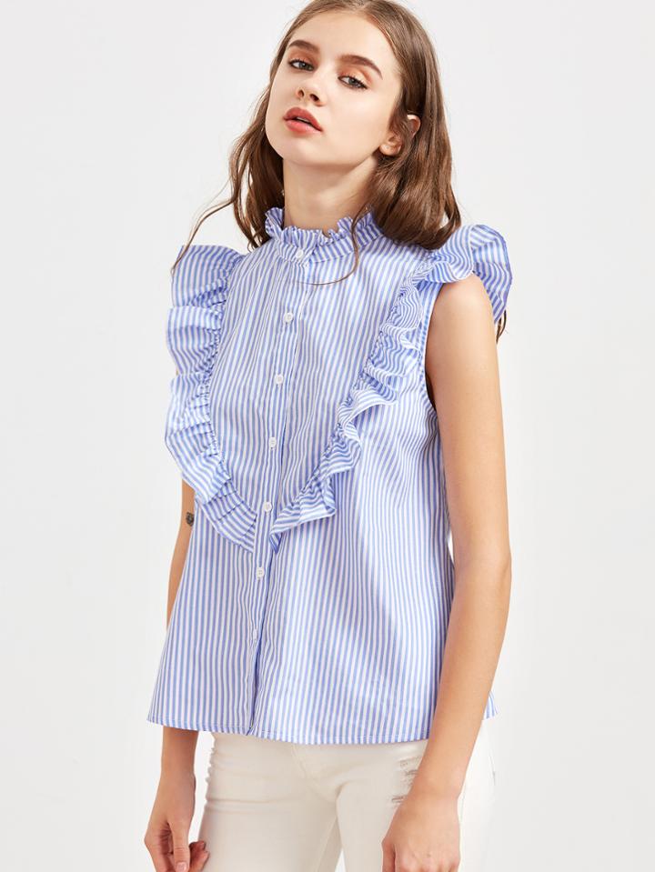 Shein Striped Frill Trim Sleeveless Blouse